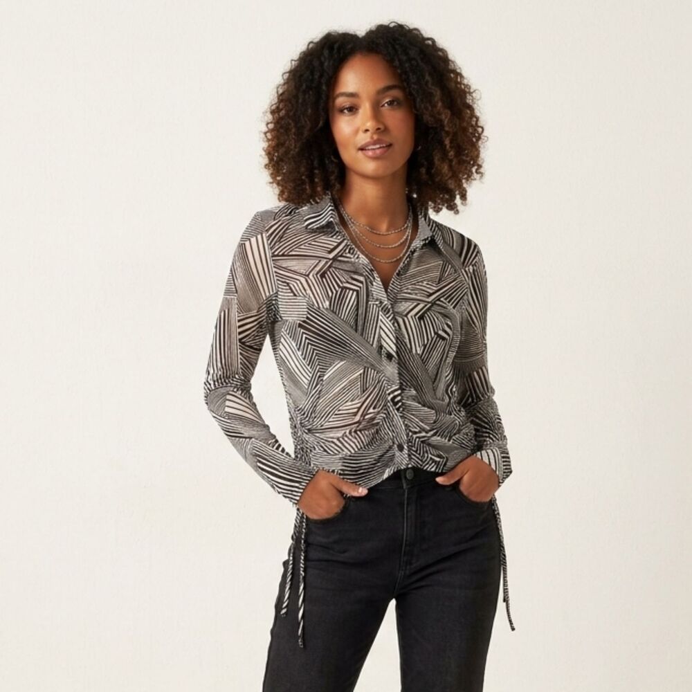 Sweet Rain Top Womens Large Geometric Sheer Mesh Blouse